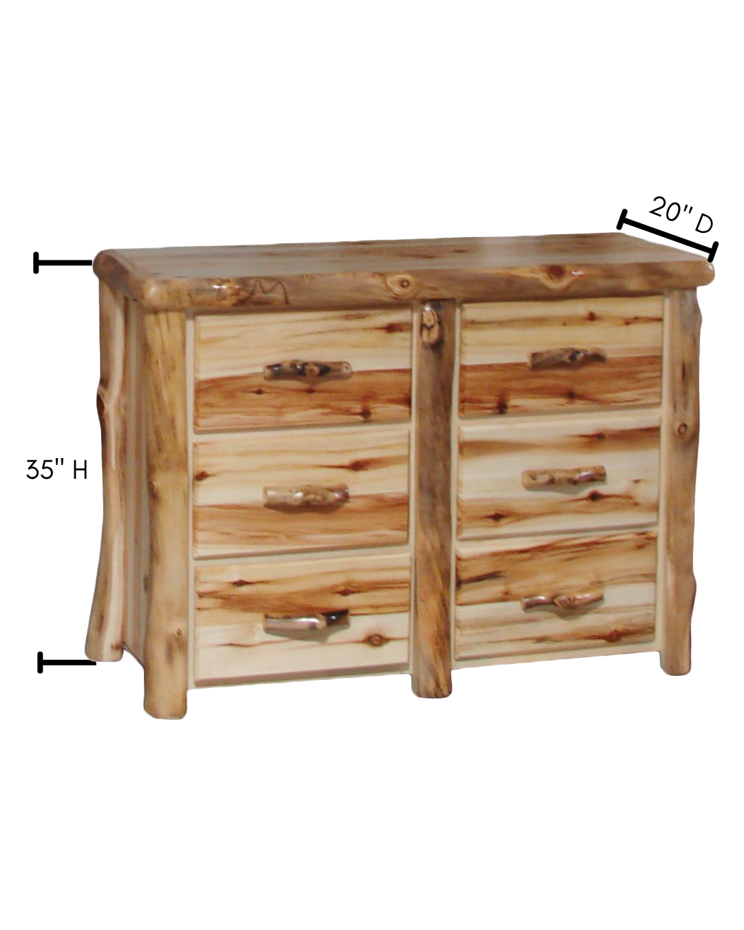 Aspen or Hickory Rustic Log 6 Drawer Dresser in Flat Front