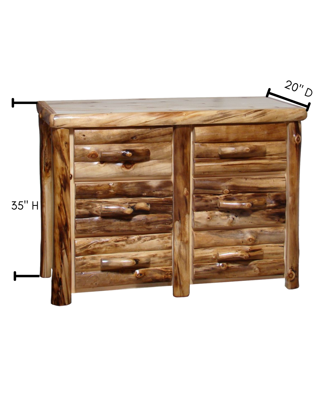 Aspen Rustic Log 6 Drawer Dresser in Log Front