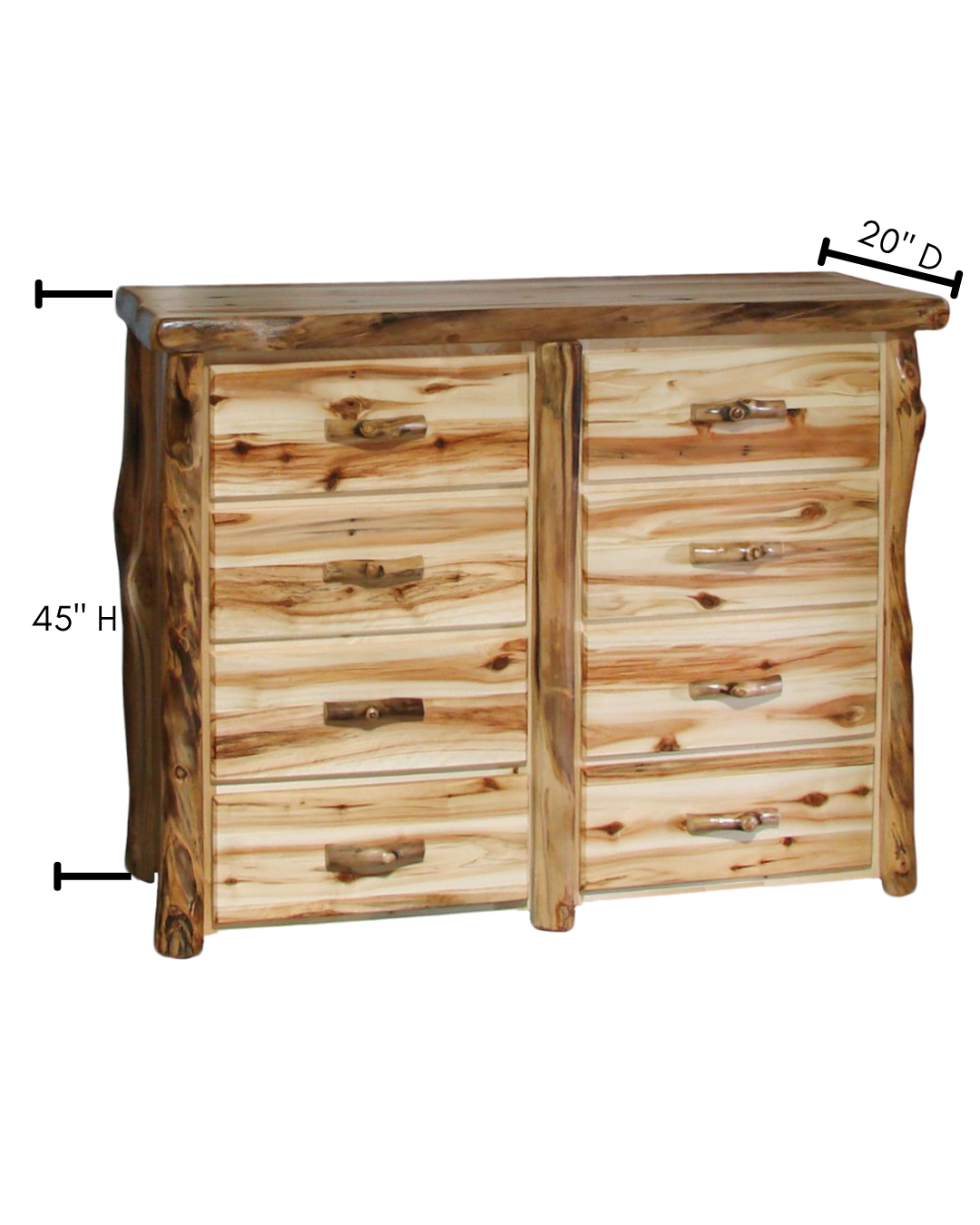 Aspen or Hickory Rustic Log 8 Drawer Dresser in Flat Front