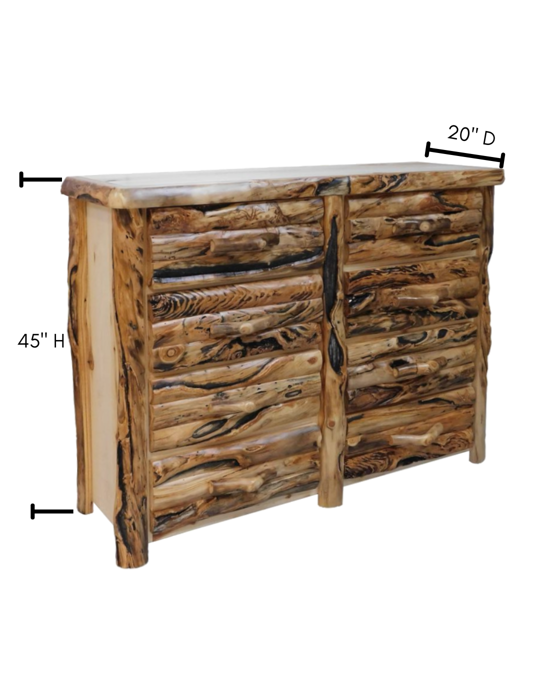 Aspen Rustic Log 8 Drawer Dresser in Log Front