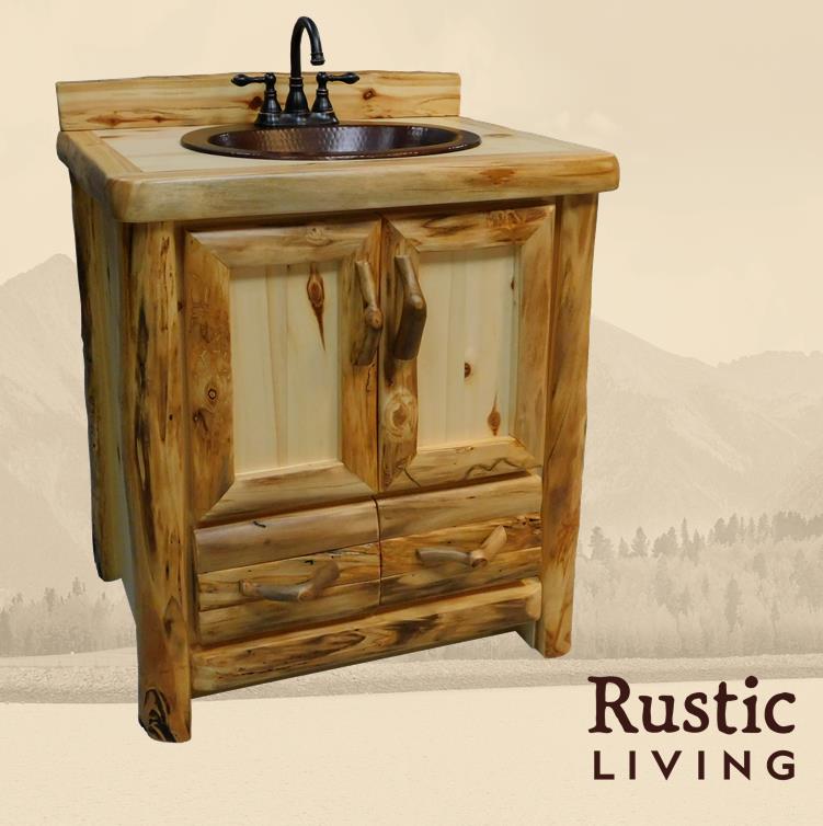 Rustic Log 1 Drawer Vanity in log front, made from durable Aspen solid wood. Custom-made, perfect for extra bathroom storage with a stylish rustic look.