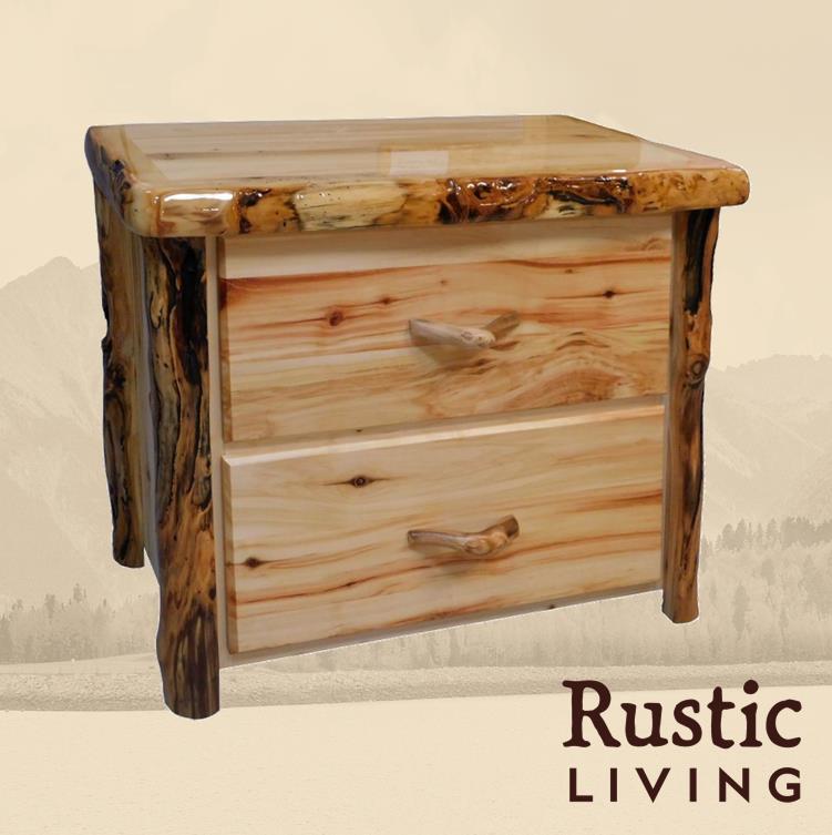 Rustic 2-drawer file cabinet handcrafted from natural wood logs, featuring full-extension drawers with log-style handles, visible wood grain and knots, and a solid, sturdy frame perfect for cabin-style office storage.