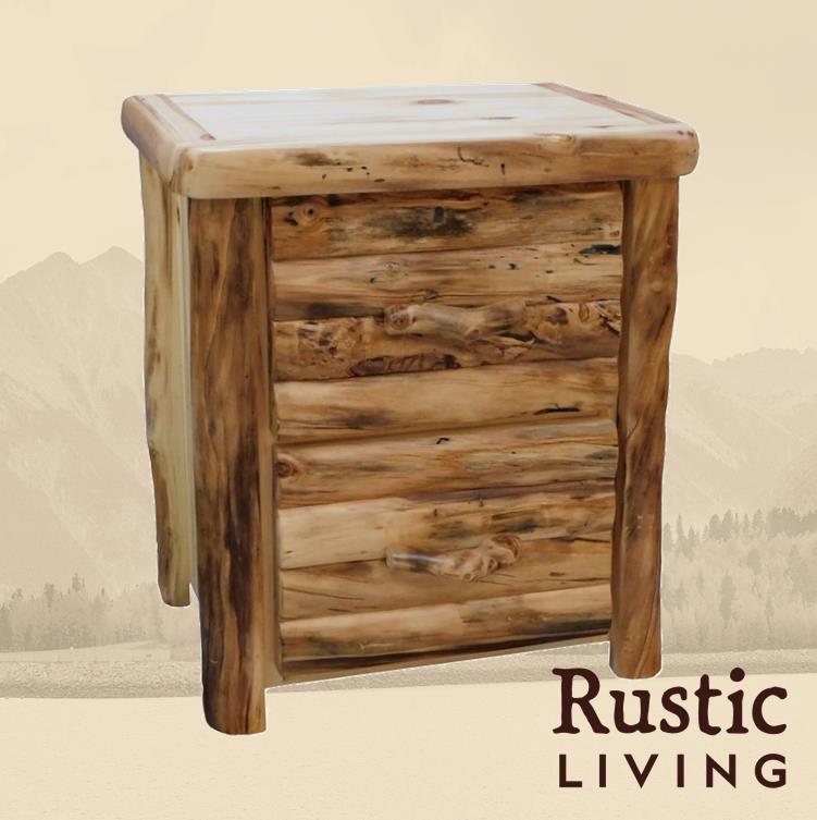 Rustic 2-drawer file cabinet handcrafted from natural wood logs, featuring full-extension drawers with log-style handles, visible wood grain and knots, and a solid, sturdy frame perfect for cabin-style office storage.