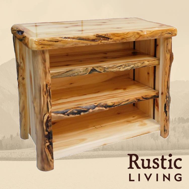 A rustic wooden bookcase with two adjustable shelves, featuring a natural wood finish.