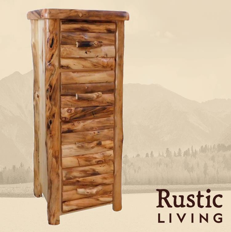A rustic log front 4-drawer file cabinet with a natural wood finish. Sturdy, perfect for a cabin-style office.