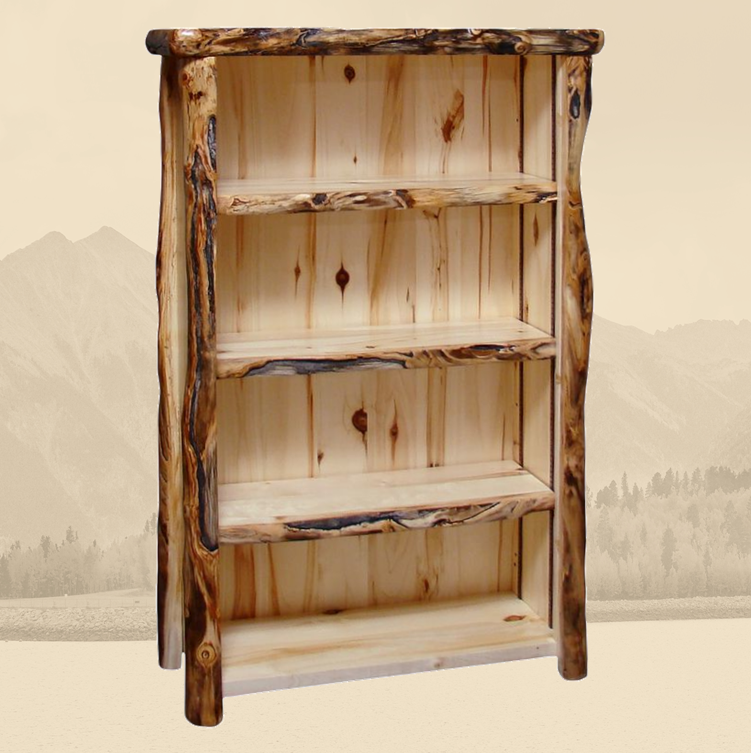 A wooden bookcase with three shelves, featuring a natural wood finish and a rustic design.