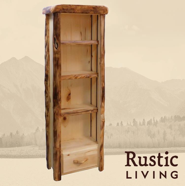 A tall wooden bookcase with a flat front design, featuring four adjustable shelves and a drawer at the bottom. The bookcase has a rustic finish.