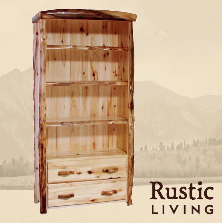 A rustic log 2-drawer bookcase with flat front design, featuring three adjustable shelves.