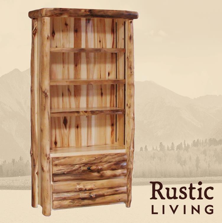 A rustic wooden 2-drawer bookcase showcasing 3 adjustable shelves with log front design.