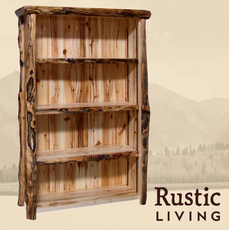 A rustic wooden bookcase with three shelves, made of natural wood with a gnarly log style.