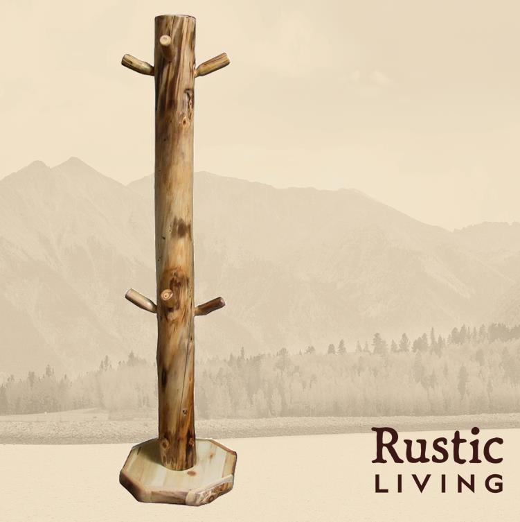 Rustic log coat tree handcrafted from natural wood, featuring a sturdy central log post with multiple rounded branch-style pegs for hanging coats and hats, and a solid log base for stability—perfect for lodge or cabin entryways.