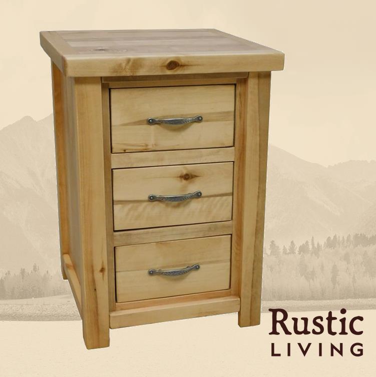 Rustic Farmhouse 3 drawer night stand in artisan handmade in America using solid wood custom made for your mountain cabin, lodge, farmhouse, ranch and western lifestyle. A rustic wooden nightstand with three drawers and metal handles, labeled 'Rustic Living'.