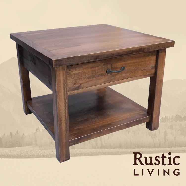 Rustic Farmhouse end table w drawer  in artisan handmade in America using solid wood custom made for your mountain cabin, lodge, farmhouse, ranch and western lifestyle. A rustic wooden end table with a drawer and lower shelf.