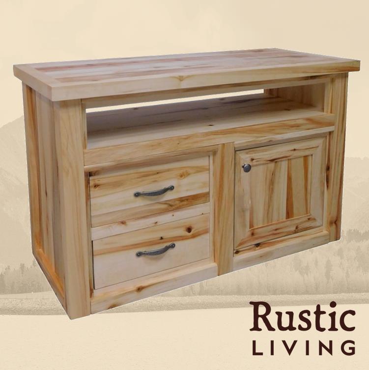 Rustic Farmhouse 2 Drawer Television Stand handmade in America using solid wood custom made for your mountain cabin, lodge, farmhouse, ranch and western lifestyle. Open space to put accessories, doors and drawers to hide accessories. Doors and drawers include soft close.