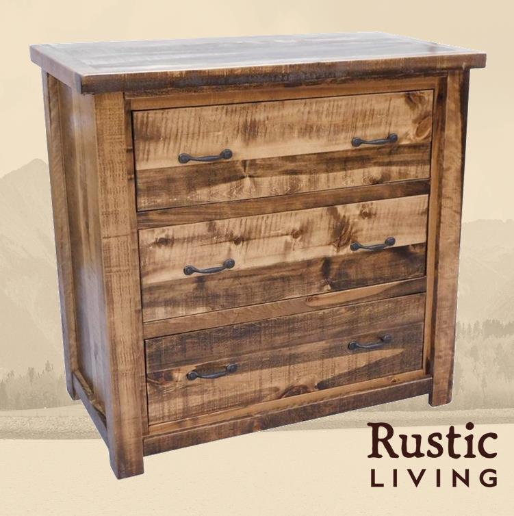 Rustic Farmhouse 3 drawer chest in astisan handmade in America using solid wood custom made for your mountain cabin, lodge, farmhouse, ranch and western lifestyle. A rustic style 3-drawer chest with wooden construction and metal handles, branded by Rustic Living.