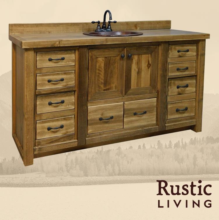 Rustic Farmhouse 9 Drawer Bathroom Vanity made from solid aspen wood. Durable, custom-made with spacious drawers—perfect for stylish bathroom storage.