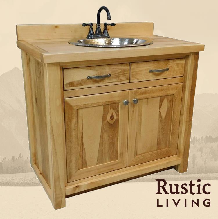Rustic Farmhouse bathroom vanity in artisan handmade in America using solid wood custom made for your mountain cabin, lodge, farmhouse, ranch and western lifestyle. A rustic bathroom vanity with a wooden finish, featuring a copper sink and bronze faucet.