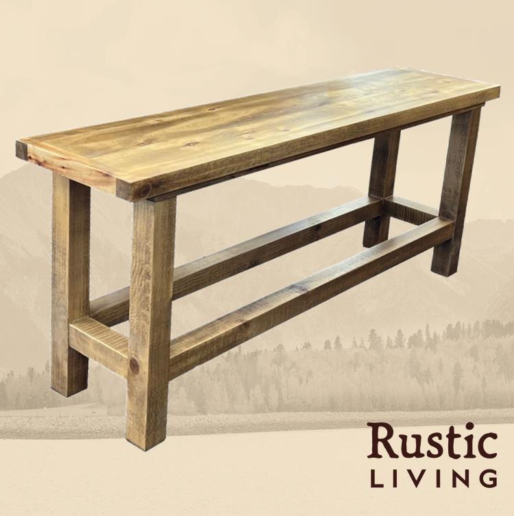 Rustic Farmhouse counter bench handmade in America using solid wood custom made for your mountain cabin, lodge, farmhouse, ranch and western lifestyle.