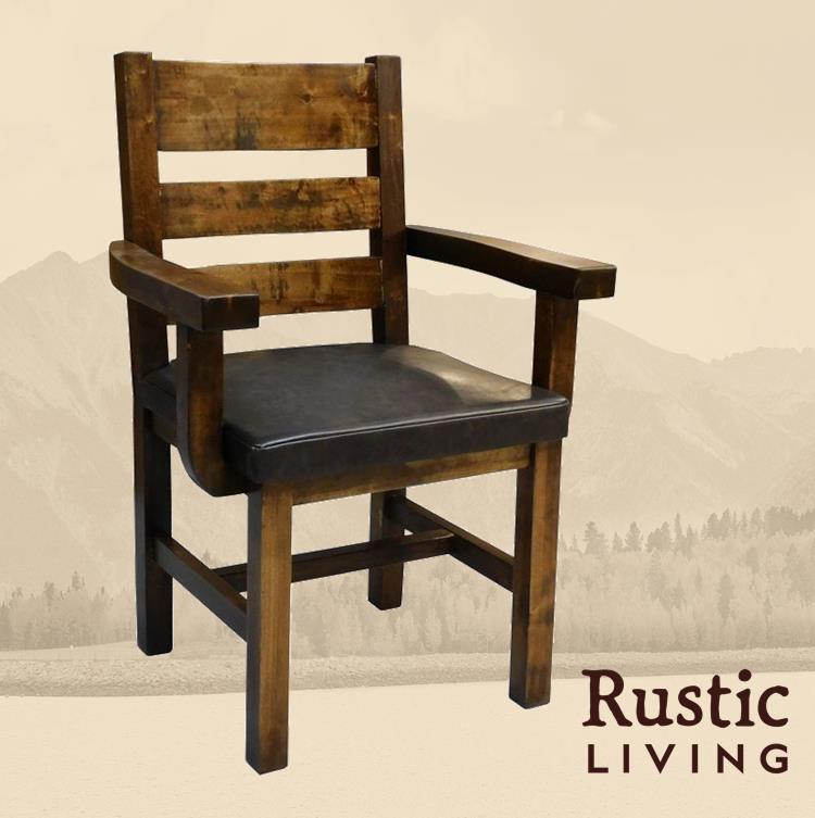 Rustic Farmhouse frisco dining chair with arms handmade in America using solid wood custom made for your mountain cabin, lodge, farmhouse, ranch and western lifestyle.