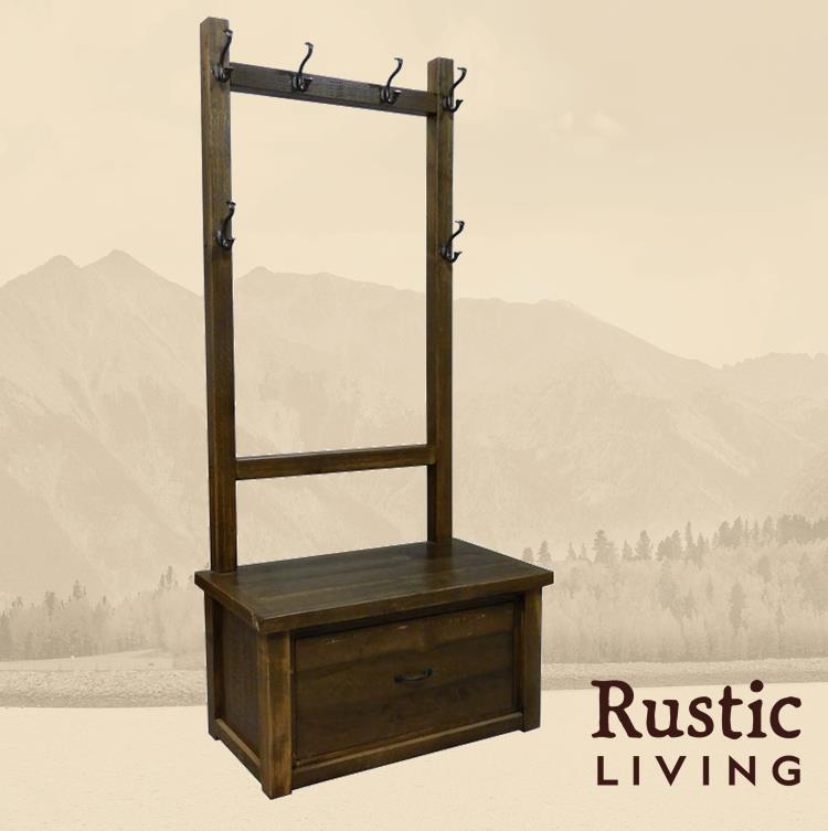 Rustic Farmhouse hall tree in artisan  handmade in America using solid wood custom made for your mountain cabin, lodge, farmhouse, ranch and western lifestyle. A rustic brown hall tree with a bench and coat rack.