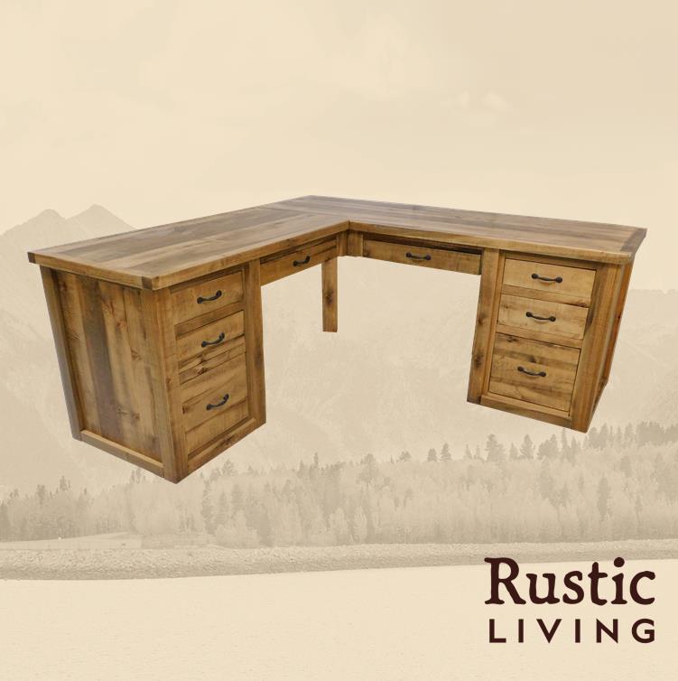 Rustic Farmhouse l-desk in artisan handmade in America using solid wood custom made for your mountain cabin, lodge, farmhouse, ranch and western lifestyle. A large L-shaped rustic wooden desk with multiple drawers and a storage compartment.
