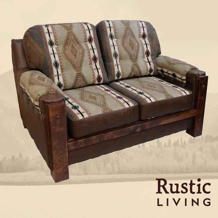 Rustic Farmhouse mountain comfort love seat handmade in America using solid wood, laser cut premium fabric, custom made for your mountain cabin, lodge, farmhouse, ranch and western lifestyle.