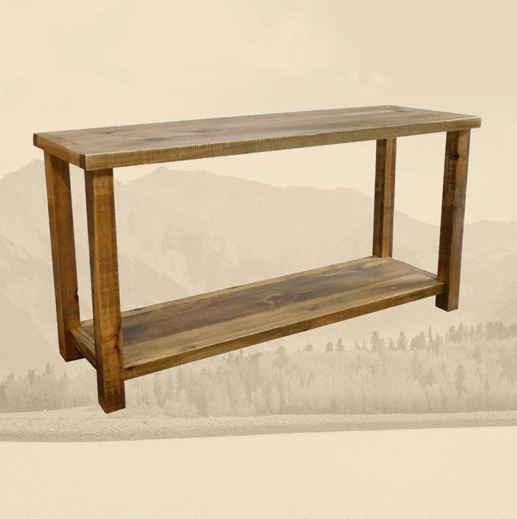 Rustic Farmhouse sofa table handmade in America using solid wood custom made for your mountain cabin, lodge, farmhouse, ranch and western lifestyle. A rustic wooden sofa table with a visible lower shelf.