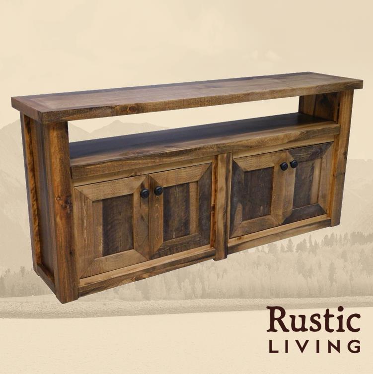 Rustic Farmhouse Television Stand handmade in America using solid wood custom made for your mountain cabin, lodge, farmhouse, ranch and western lifestyle. Open space to put accessories and doors to hide accessories.