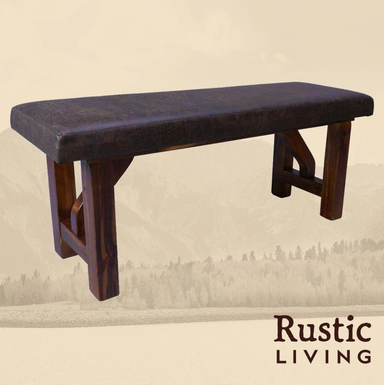Rustic Farmhouse upholstered dining bench handmade in America using solid wood custom made for your mountain cabin, lodge, farmhouse, ranch and western lifestyle.