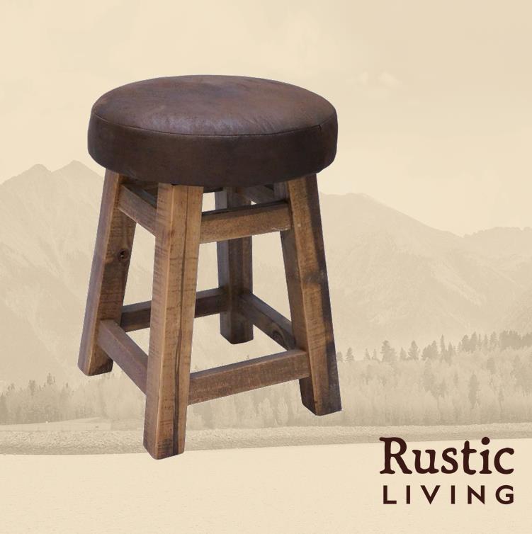 Rustic Farmhouse upholstered swivel dining stool handmade in America using solid wood custom made for your mountain cabin, lodge, farmhouse, ranch and western lifestyle.