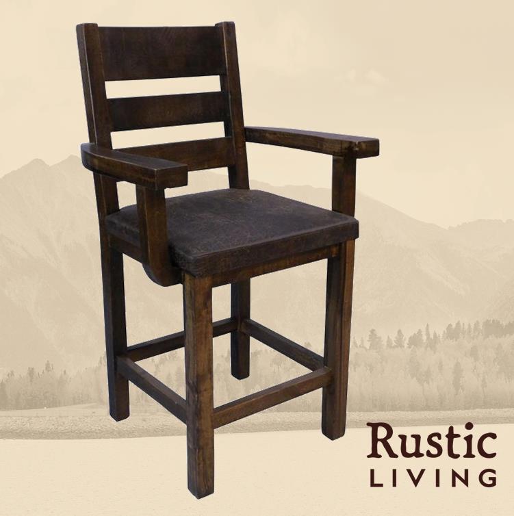 Rustic Farmhouse frsico counter chair with arms handmade in America using solid wood custom made for your mountain cabin, lodge, farmhouse, ranch and western lifestyle.