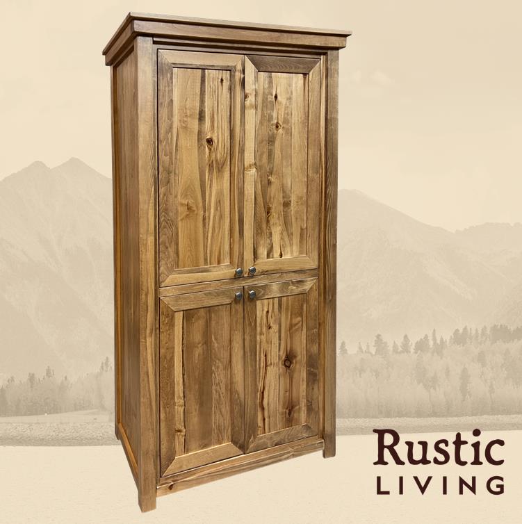 Rustic Farmhouse Legacy Storage Cabinet crafted from solid Aspen wood with soft-close hinges. Durable, artisan-finished, and mastercrafted in Colorado.