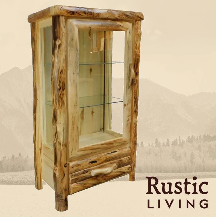 Aspen Rustic Log Furniture log 1 drawer curio in log front using solid wood, undermount drawer glides, and soft close drawers custom made for your mountain cabin, lodge, farmhouse, ranch and western lifestyle.