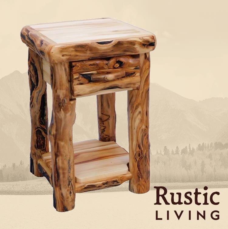 Aspen Rustic Log Furniture log 1 drawer night stand in log front handmade in America using solid wood custom made for your mountain cabin, lodge, farmhouse, ranch and western lifestyle.