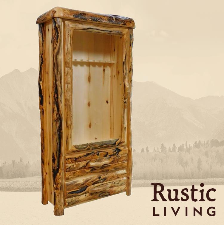 Aspen Rustic Log Furniture log 2 drawer gun cabinet in log front using solid wood, undermount drawer glides, and soft close drawers and doors custom made for your mountain cabin, lodge, farmhouse, ranch and western lifestyle.