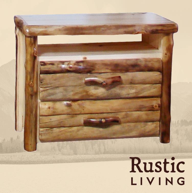 Aspen Rustic Log Furniture log 2 drawer media chest in log front handmade in America using solid wood custom made for your mountain cabin, lodge, farmhouse, ranch and western lifestyle.