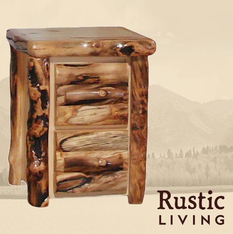Aspen Rustic Log Furniture log 2 drawer night stand in log front handmade in America using solid wood custom made for your mountain cabin, lodge, farmhouse, ranch and western lifestyle.