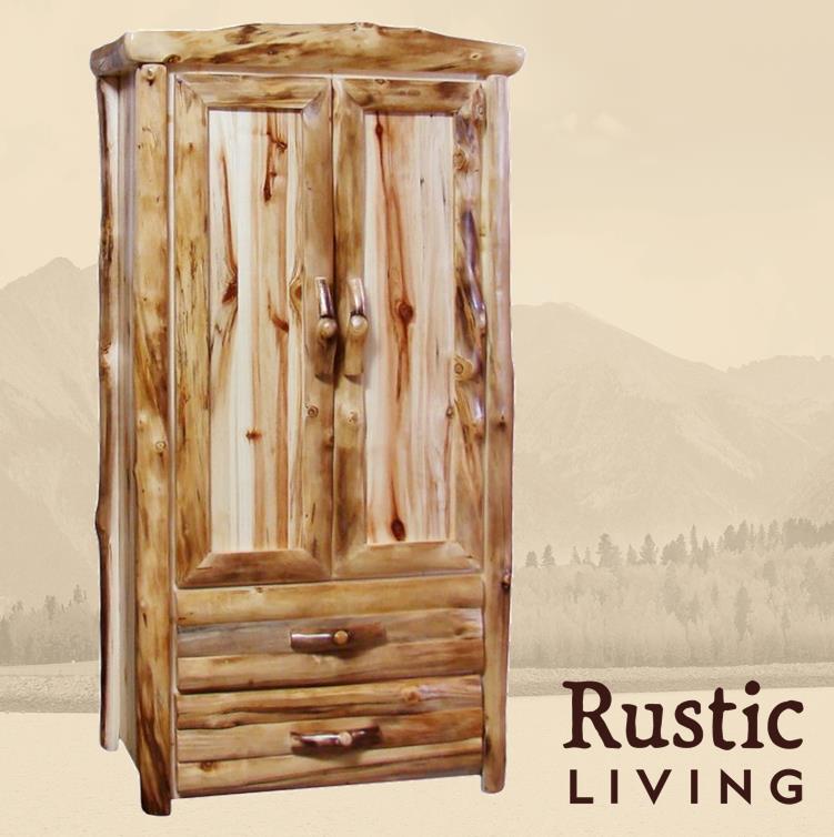 A rustic log wardrobe with two doors and two drawers. Aspen Rustic Log Furniture log 2 drawer wardrobe in log front using solid wood, undermount drawer glides, and soft close drawers and doors custom made for your mountain cabin, lodge, farmhouse, ranch and western lifestyle.