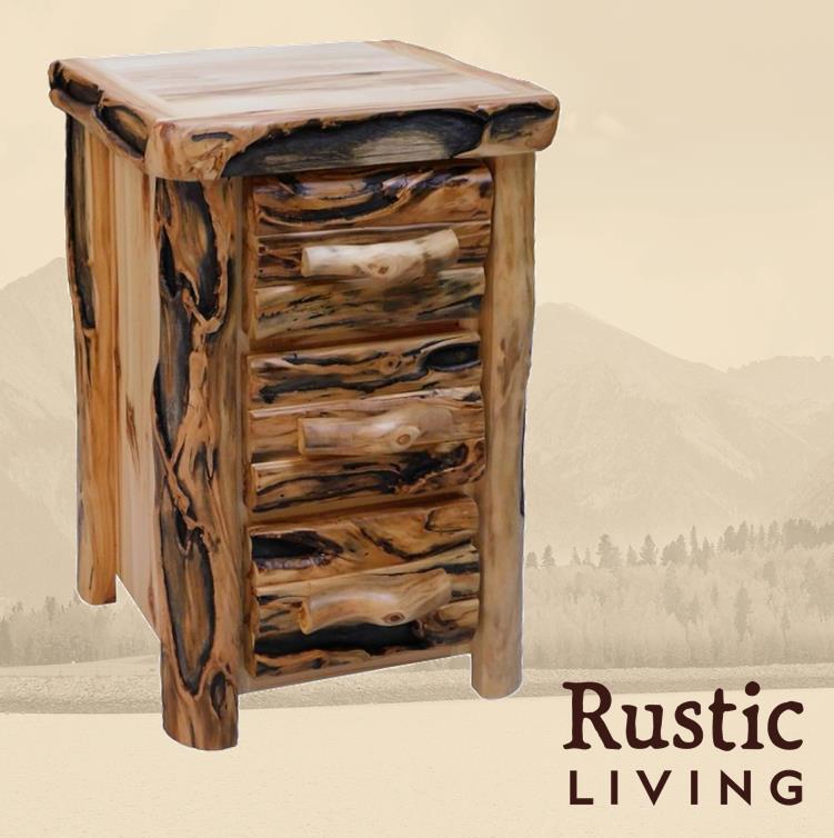 Aspen Rustic Log Furniture log 3 drawer night stand in log front handmade in America using solid wood custom made for your mountain cabin, lodge, farmhouse, ranch and western lifestyle. A rustic log nightstand with three drawers, made from aspen wood.