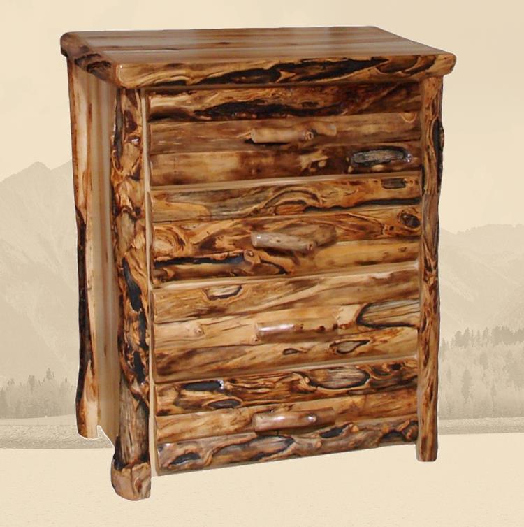 Aspen Rustic Log Furniture log 4 drawer chest in log front handmade in America using solid wood custom made for your mountain cabin, lodge, farmhouse, ranch and western lifestyle. A brown wooden dresser with four drawers featuring a rustic design.