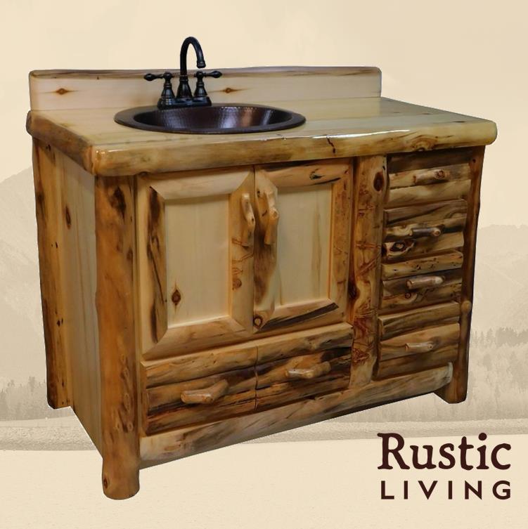 Aspen Rustic Log Furniture log 5 drawer vanity in log front handmade in America using solid wood custom made for your mountain cabin, lodge, farmhouse, ranch and western lifestyle. A rustic log vanity with a sink and faucet, featuring multiple drawers and a log front design.