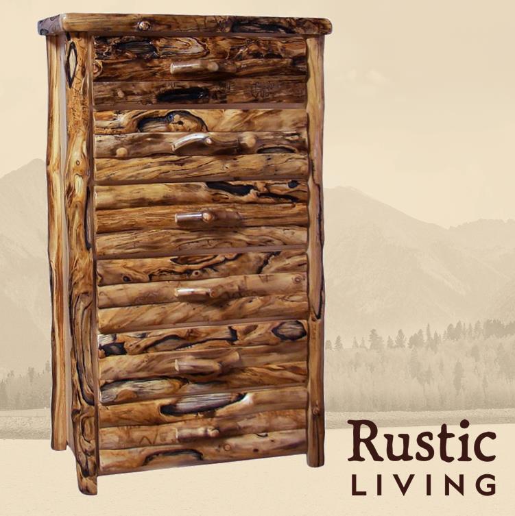 Aspen Rustic Log Furniture log 6 drawer chest in log front handmade in America using solid wood custom made for your mountain cabin, lodge, farmhouse, ranch and western lifestyle.