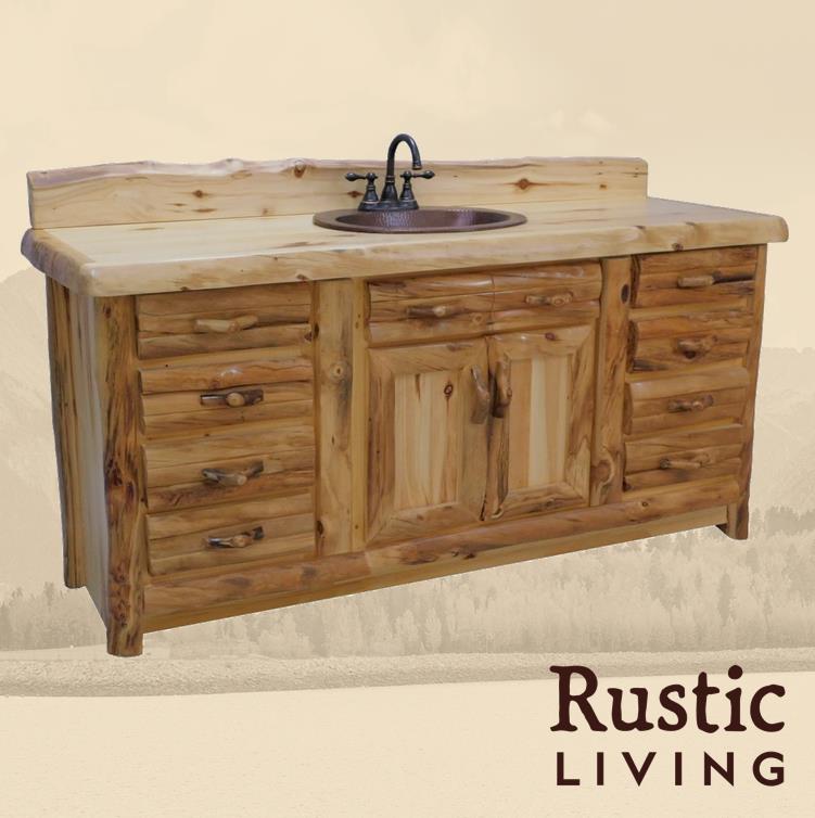 Aspen Rustic Log Furniture log 8 drawer vanity in log front handmade in America using solid wood custom made for your mountain cabin, lodge, farmhouse, ranch and western lifestyle. A rustic wooden vanity with multiple drawers and a sink, with the brand 'Rustic Living' visible.