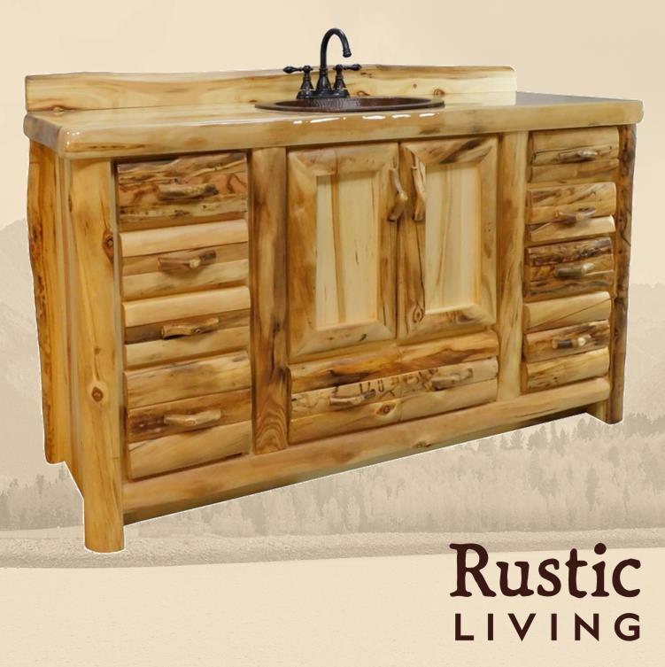 Aspen Rustic Log Furniture log 9 drawer vanity in log front handmade in America using solid wood custom made for your mountain cabin, lodge, farmhouse, ranch and western lifestyle. A rustic wooden bathroom vanity with multiple drawers and a sink, marked with the brand 'Rustic Living'.