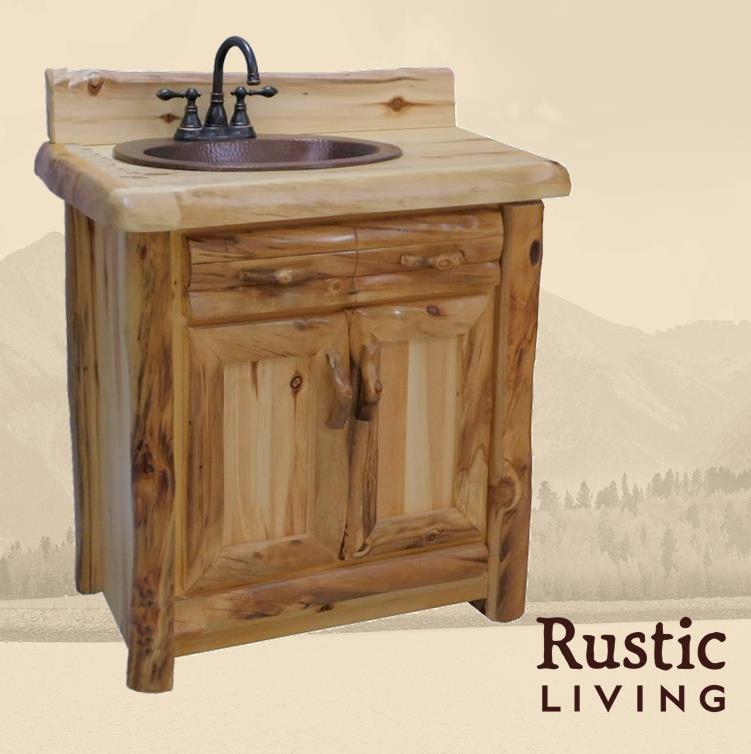 Aspen Rustic Log Furniture log bathroom vanity in log front handmade in America using solid wood custom made for your mountain cabin, lodge, farmhouse, ranch and western lifestyle. A wooden bathroom vanity with a sink and faucet, featuring a rustic design and front cabinet with two doors.