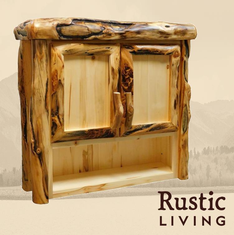 Aspen Rustic Log Furniture log bathroom wall cabinet in log front handmade in America using solid wood custom made for your mountain cabin, lodge, farmhouse, ranch and western lifestyle. A rustic wooden wall cabinet with a log front design, featuring two doors and a shelf inside.