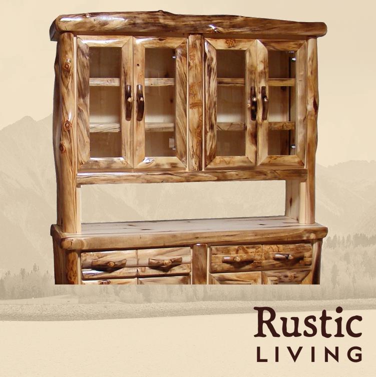 Aspen Rustic Log Furniture log buffet hutch in log front  handmade in America using solid wood custom made for your mountain cabin, lodge, farmhouse, ranch and western lifestyle. A rustic log buffet hutch with glass doors and multiple shelves, made of aspen wood.
