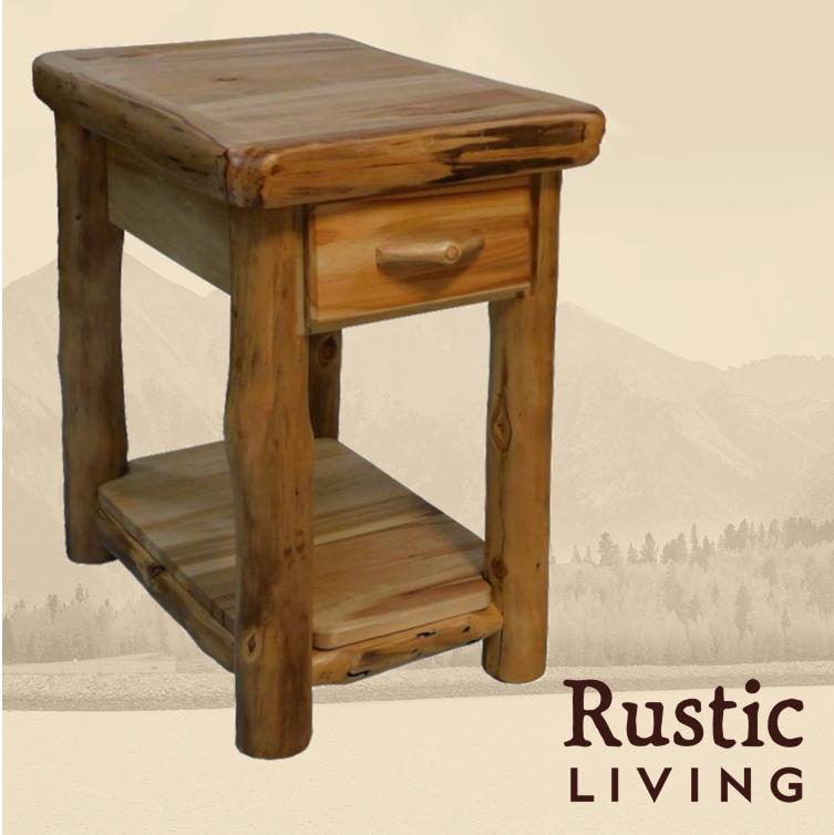 Aspen Rustic Log Furniture log chairside end table with drawer in flat front handmade in America using solid wood custom made for your mountain cabin, lodge, farmhouse, ranch and western lifestyle. A rustic wooden chairside end table with a flat front drawer and a lower shelf.