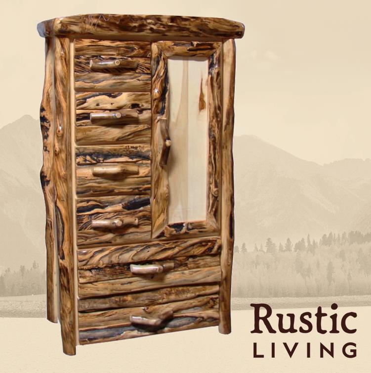 Aspen Rustic Log Furniture log chiffarobe in log front using solid wood, undermount drawer glides, and soft close drawers and doors custom made for your mountain cabin, lodge, farmhouse, ranch and western lifestyle.