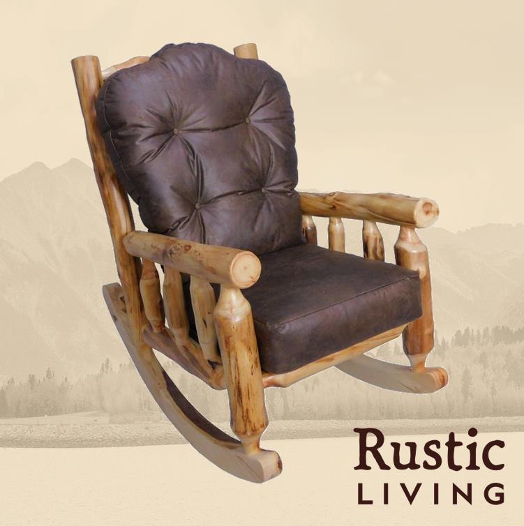 Aspen Rustic Log Furniture log comfort rocker chair handmade in America using solid wood custom made for your mountain cabin, lodge, farmhouse, ranch and western lifestyle. A rustic log rocker chair with a brown cushioned seat and backrest.